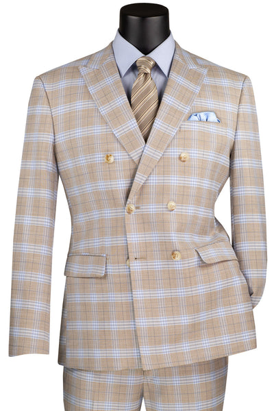 Men's Slim Fit Double Breasted Suit in Tan Windowpane Plaid