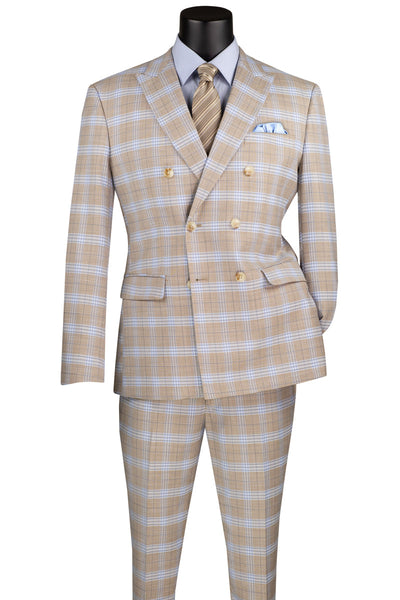 Men's Slim Fit Double Breasted Suit in Tan Windowpane Plaid