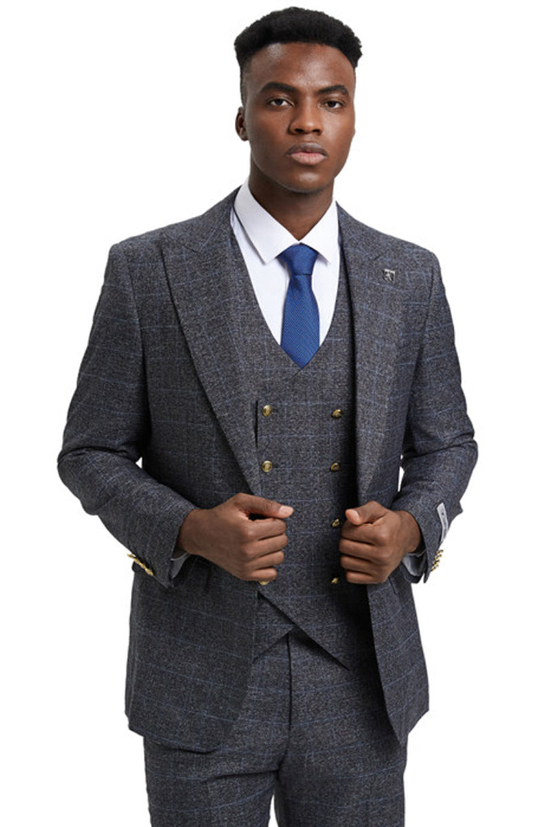 Men's Stacy Adam's One Button Vested Peak Lapel Business Suit in Charcoal Grey Plaid