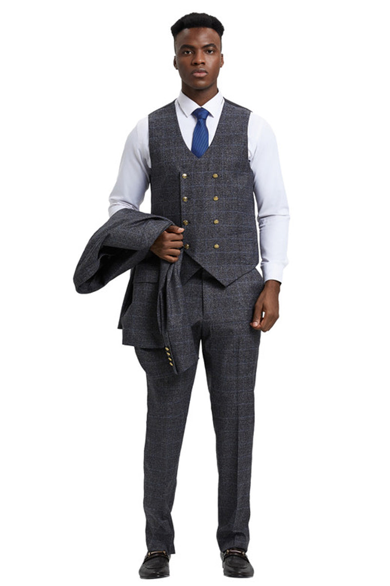 Men's Stacy Adam's One Button Vested Peak Lapel Business Suit in Charcoal Grey Plaid