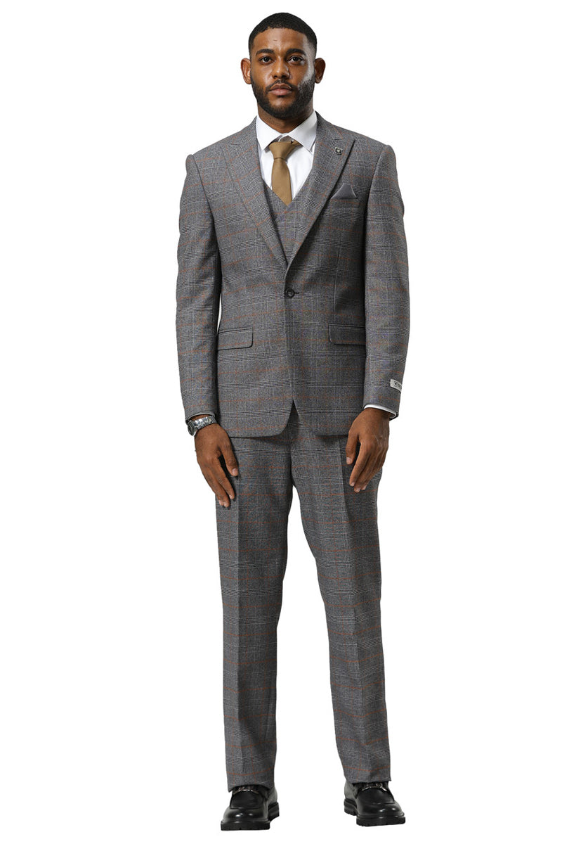 Men's Stacy Adams One Button Peak Lapel Suit With Double Breasted Vest in Grey Glen Plaid