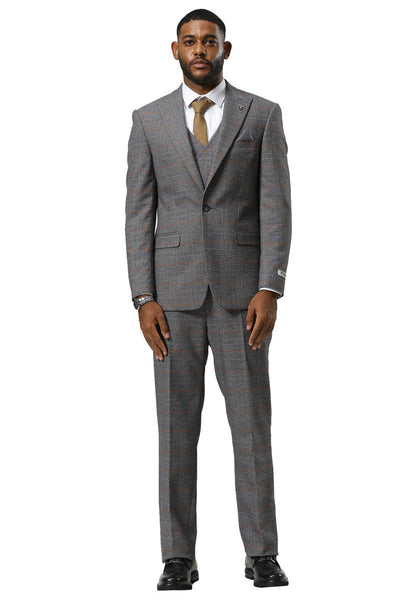 Men's Stacy Adams One Button Peak Lapel Suit With Double Breasted Vest in Grey Glen Plaid