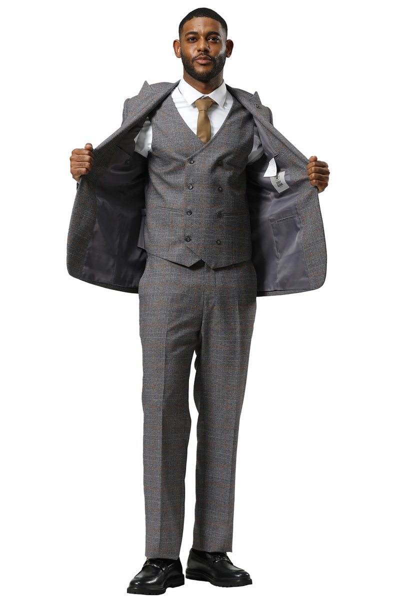 Men's Stacy Adams One Button Peak Lapel Suit With Double Breasted Vest in Grey Glen Plaid