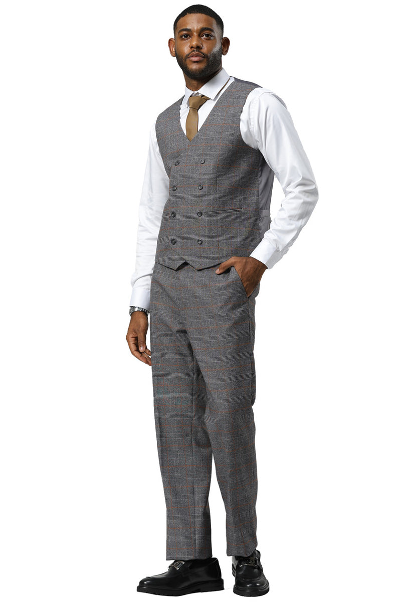 Men's Stacy Adams One Button Peak Lapel Suit With Double Breasted Vest in Grey Glen Plaid