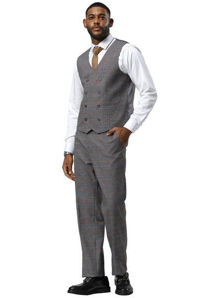 Men's Stacy Adams One Button Peak Lapel Suit With Double Breasted Vest in Grey Glen Plaid