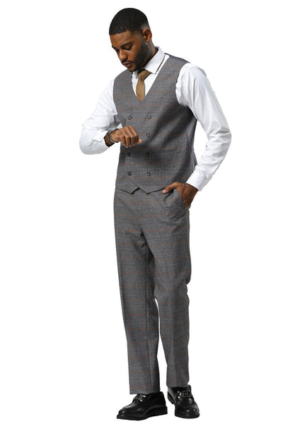 Men's Stacy Adams One Button Peak Lapel Suit With Double Breasted Vest in Grey Glen Plaid