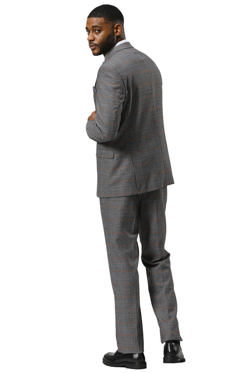 Men's Stacy Adams One Button Peak Lapel Suit With Double Breasted Vest in Grey Glen Plaid