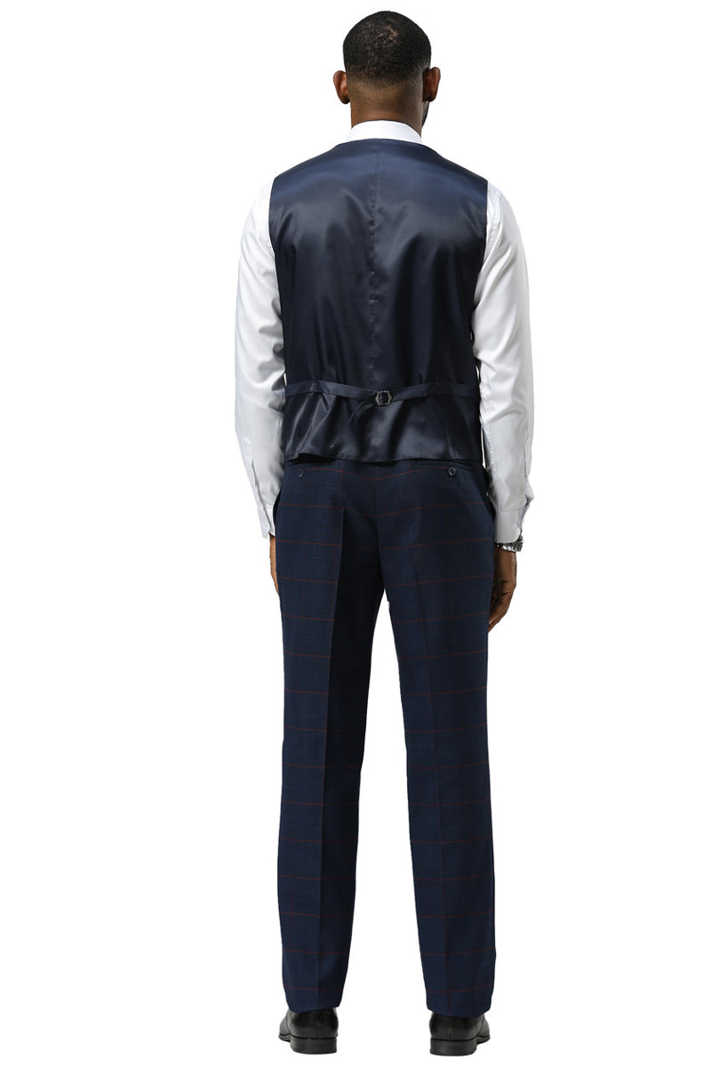 Men's Stacy Adams One Button Peak Lapel Suit With Double Breasted Vest in Navy Glen Plaid