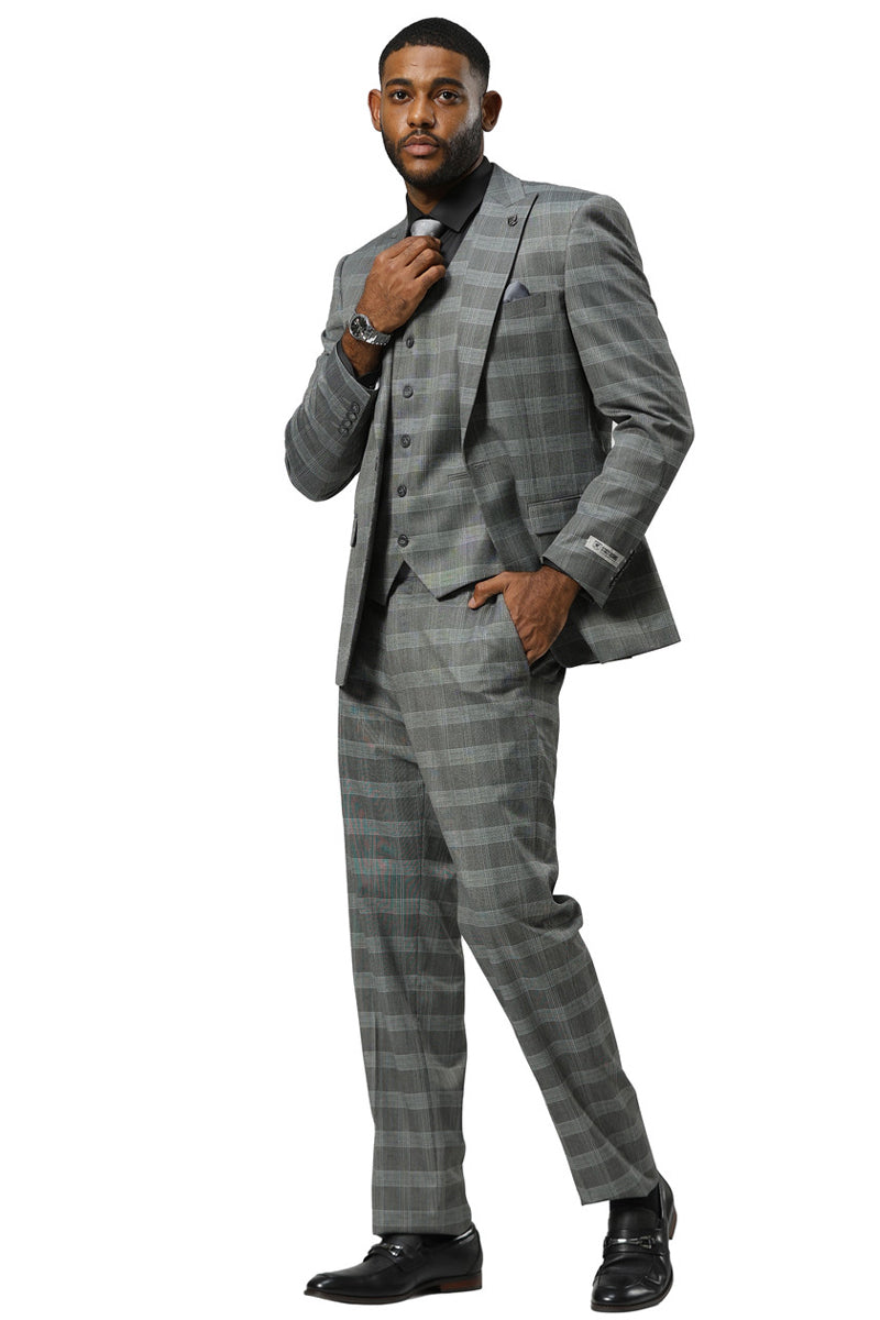 Men's Stacy Adams One Button Vested Peak Lapel Suit in Grey Glen Plaid