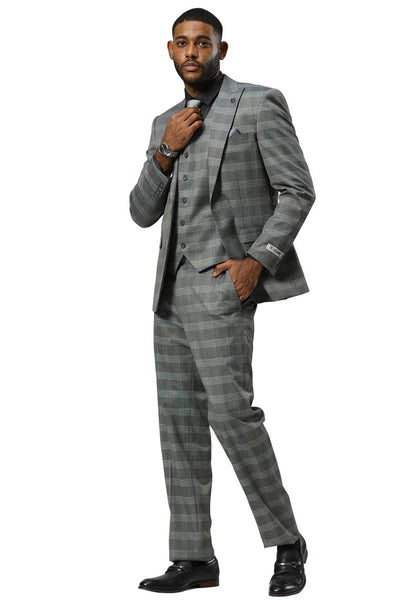 Men's Stacy Adams One Button Vested Peak Lapel Suit in Grey Glen Plaid