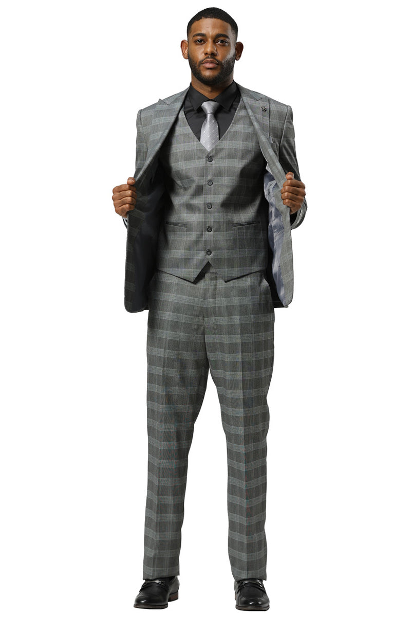 Men's Stacy Adams One Button Vested Peak Lapel Suit in Grey Glen Plaid