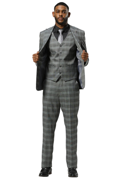 Men's Stacy Adams One Button Vested Peak Lapel Suit in Grey Glen Plaid
