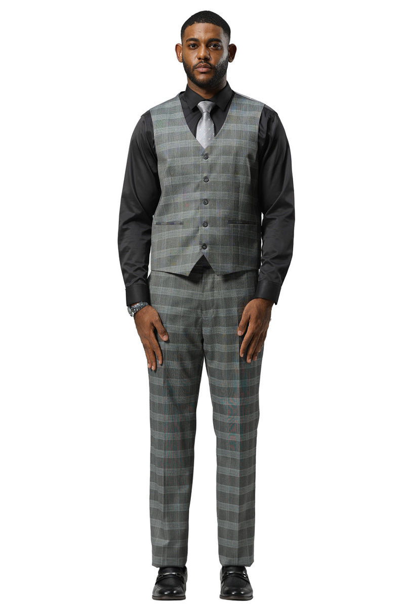 Men's Stacy Adams One Button Vested Peak Lapel Suit in Grey Glen Plaid