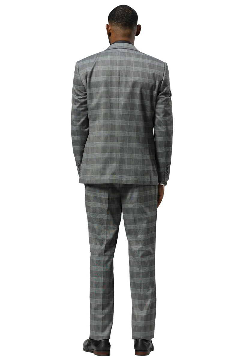 Men's Stacy Adams One Button Vested Peak Lapel Suit in Grey Glen Plaid