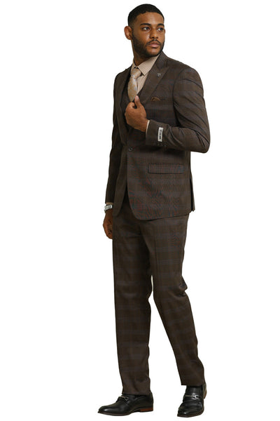 Men's Stacy Adams One Button Vested Peak Lapel Suit in Brown Glen Plaid