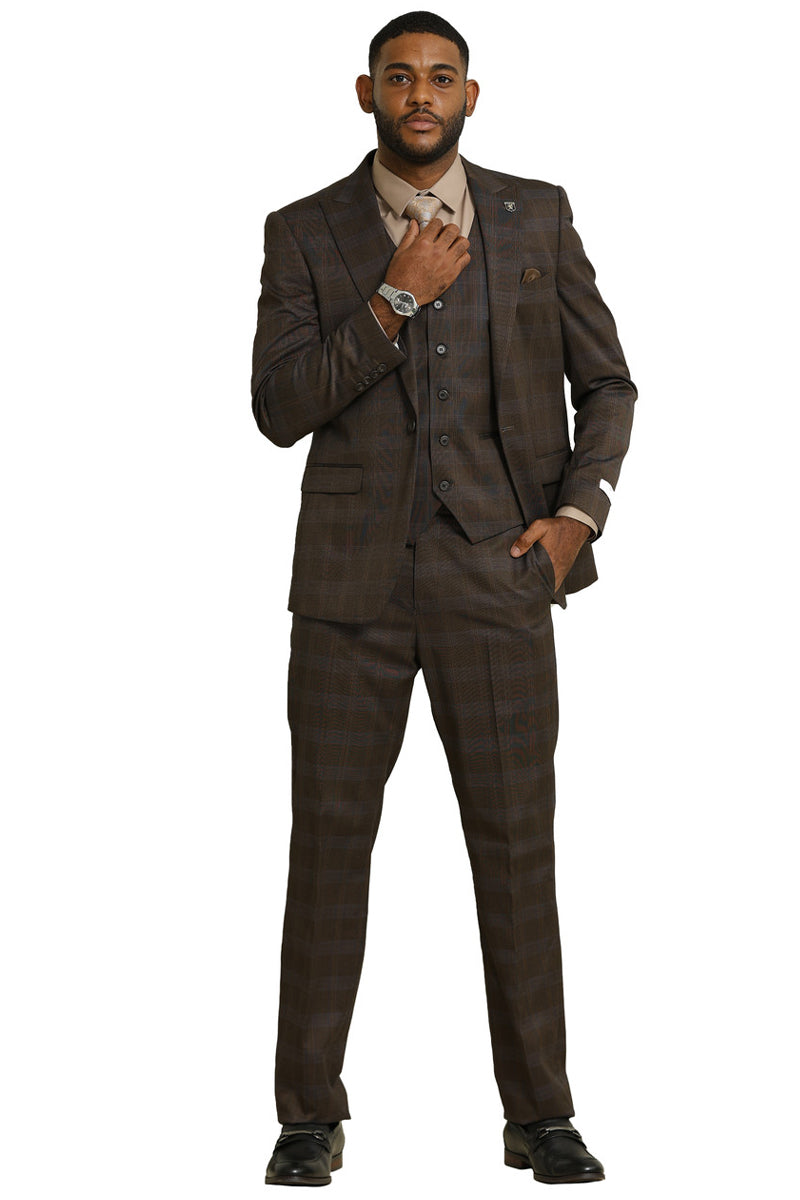 Men's Stacy Adams One Button Vested Peak Lapel Suit in Brown Glen Plaid