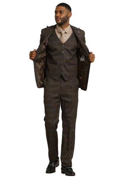 Men's Stacy Adams One Button Vested Peak Lapel Suit in Brown Glen Plaid