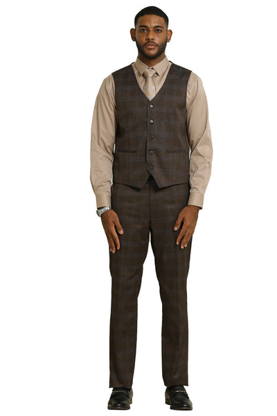 Men's Stacy Adams One Button Vested Peak Lapel Suit in Brown Glen Plaid