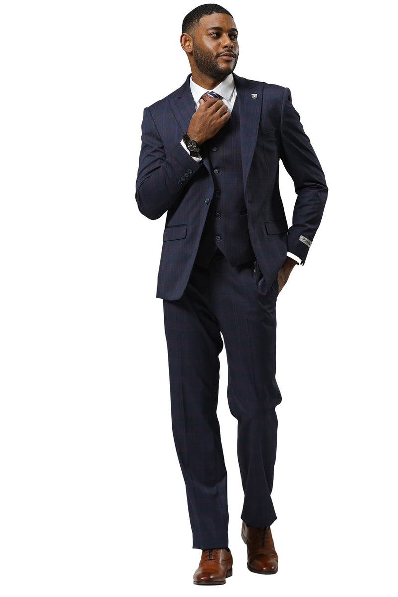 Men's Stacy Adams One Button Vested Peak Lapel Suit in Navy Glen Plaid