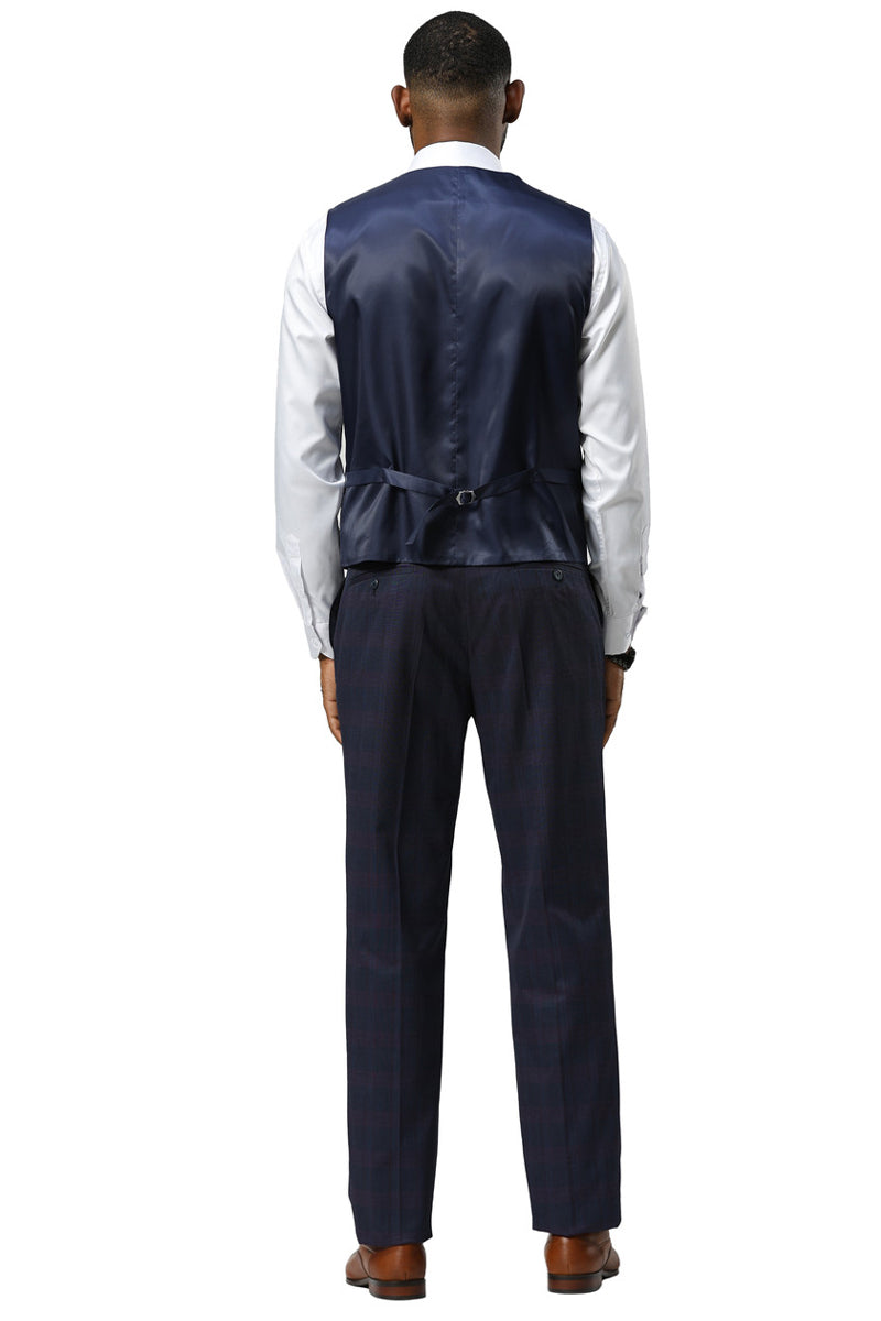 Men's Stacy Adams One Button Vested Peak Lapel Suit in Navy Glen Plaid