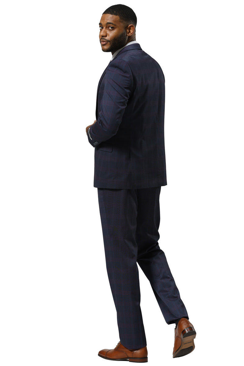 Men's Stacy Adams One Button Vested Peak Lapel Suit in Navy Glen Plaid