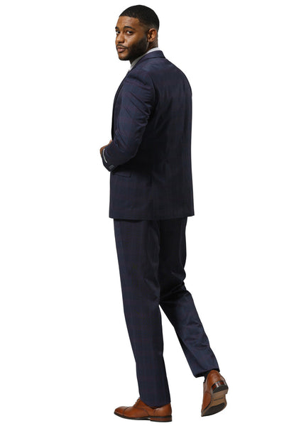 Men's Stacy Adams One Button Vested Peak Lapel Suit in Navy Glen Plaid