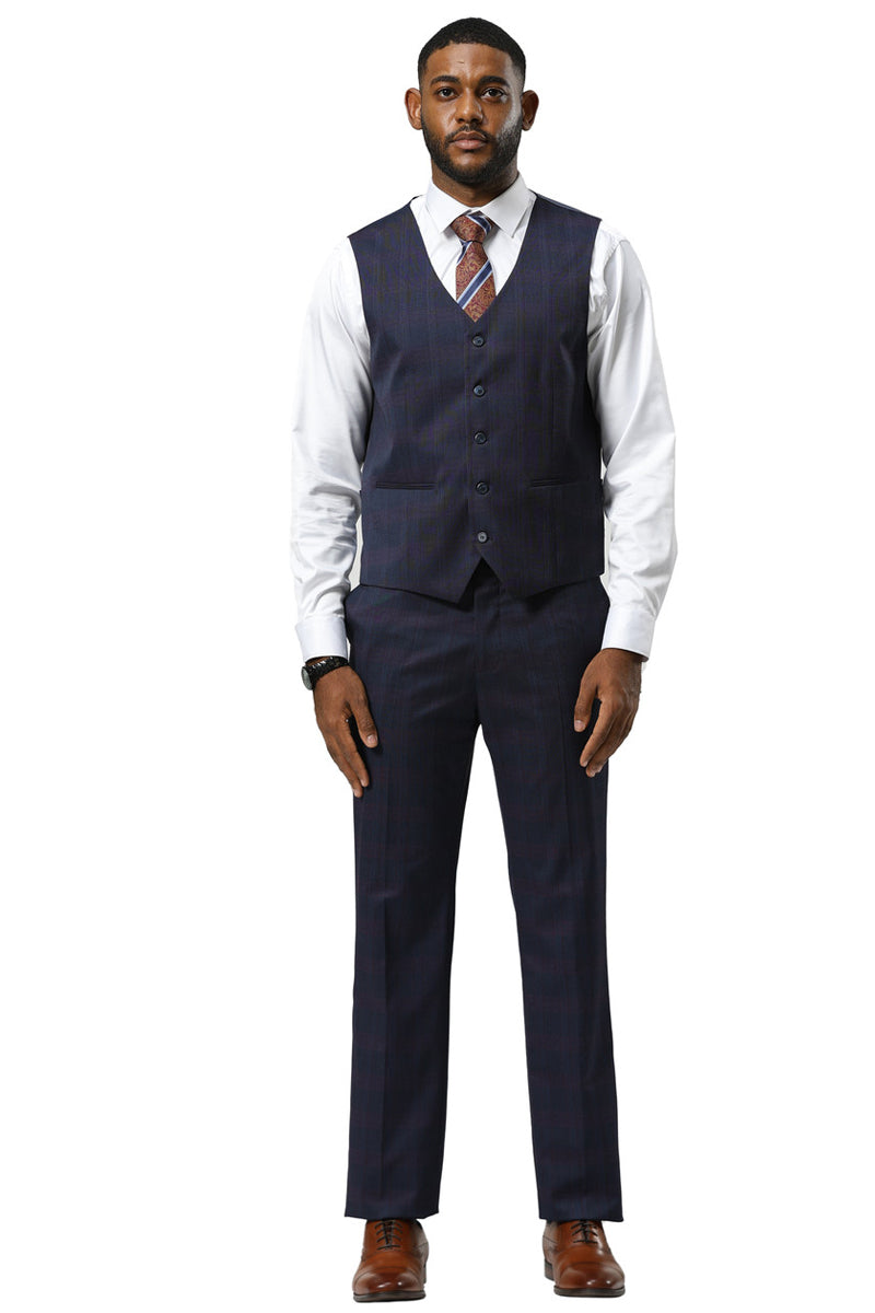 Men's Stacy Adams One Button Vested Peak Lapel Suit in Navy Glen Plaid