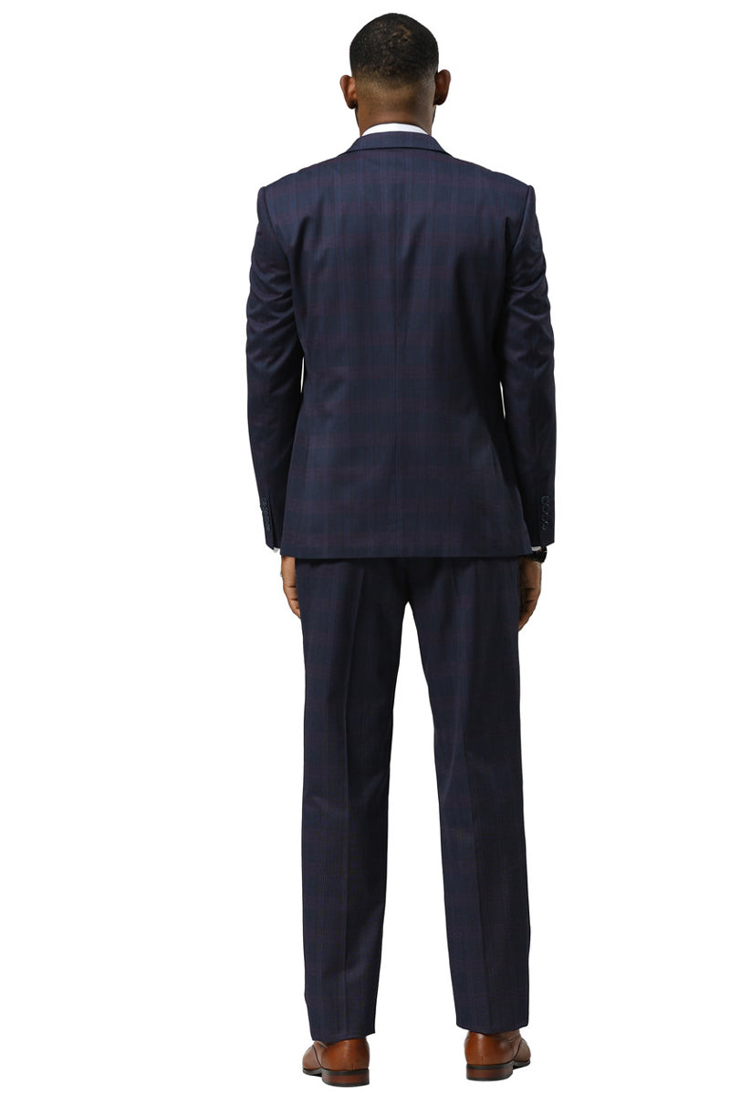 Men's Stacy Adams One Button Vested Peak Lapel Suit in Navy Glen Plaid