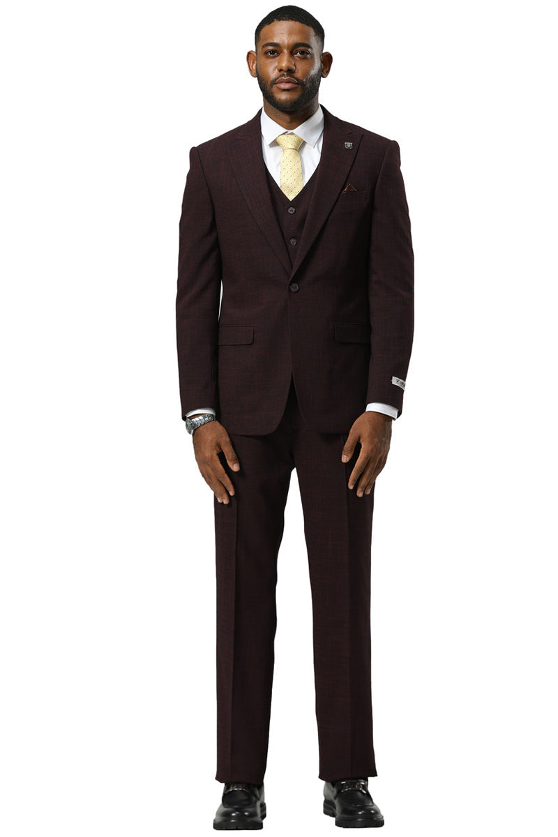 Men's Stacy Adams One Button Peak Lapel Vested Sharkskin Suit in Burgundy