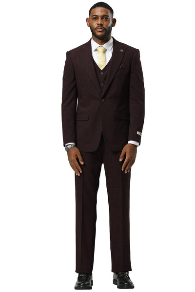 Men's Stacy Adams One Button Peak Lapel Vested Sharkskin Suit in Burgundy