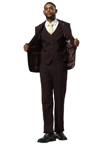 Men's Stacy Adams One Button Peak Lapel Vested Sharkskin Suit in Burgundy