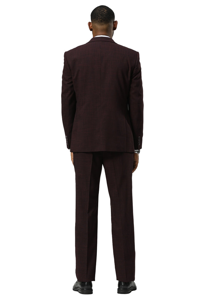 Men's Stacy Adams One Button Peak Lapel Vested Sharkskin Suit in Burgundy