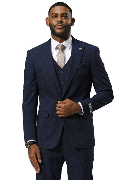 Men's Stacy Adams One Button Peak Lapel Vested Sharkskin Suit in Navy 