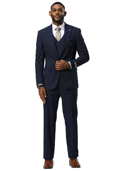 Men's Stacy Adams One Button Peak Lapel Vested Sharkskin Suit in Navy