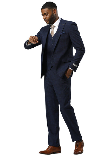 Men's Stacy Adams One Button Peak Lapel Vested Sharkskin Suit in Navy