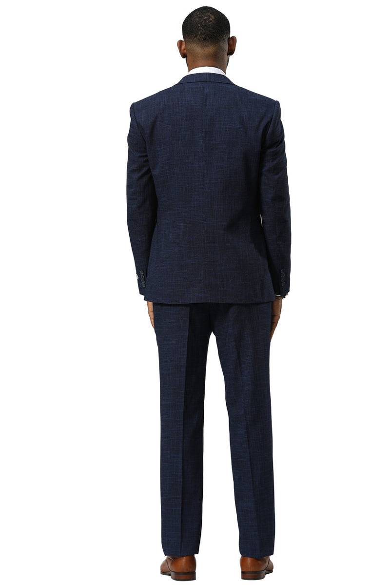 Men's Stacy Adams One Button Peak Lapel Vested Sharkskin Suit in Navy