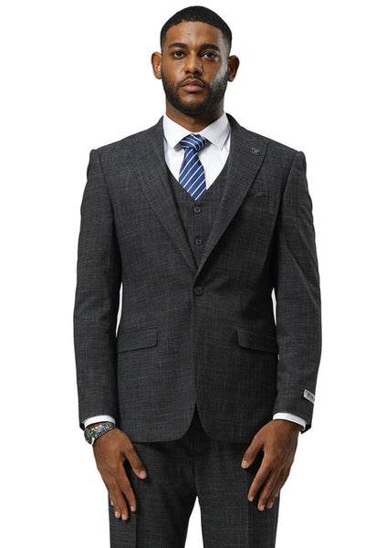 Men's Stacy Adams One Button Peak Lapel Vested Sharkskin Suit in Charcoal 