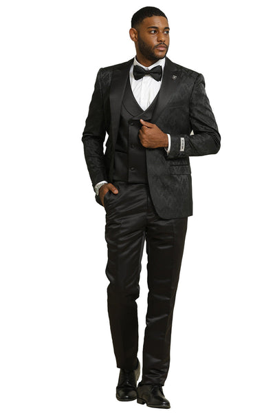Men's Stacy Adams Shiny Brocade Wedding & Prom Tuxedo with Double Breasted Vest in Black