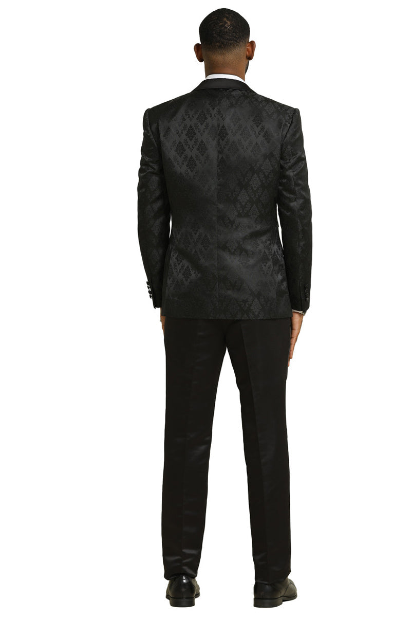 Men's Stacy Adams Shiny Brocade Wedding & Prom Tuxedo with Double Breasted Vest in Black