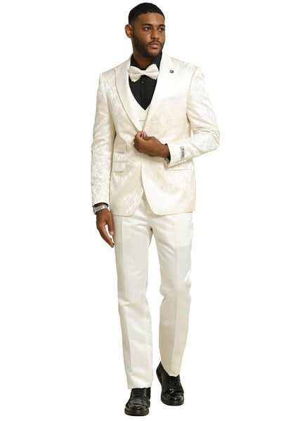 Men's Stacy Adams Shiny Brocade Wedding & Prom Tuxedo with Double Breasted Vest in Ivory