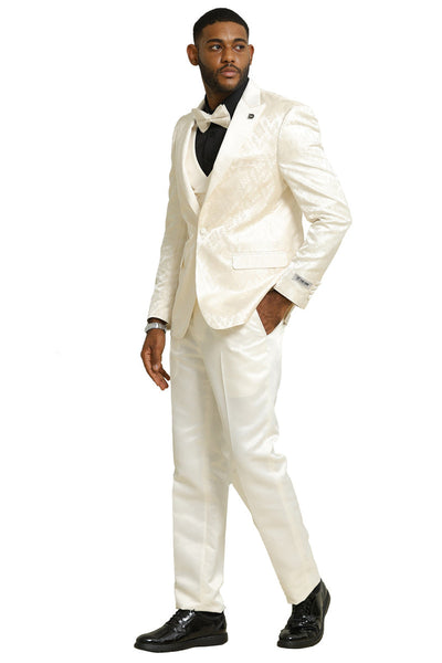 Men's Stacy Adams Shiny Brocade Wedding & Prom Tuxedo with Double Breasted Vest in Ivory