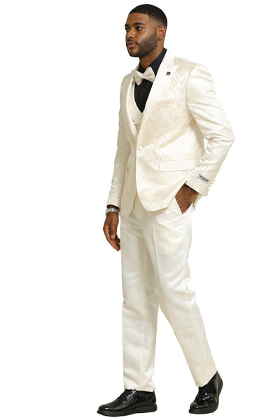 Men's Stacy Adams Shiny Brocade Wedding & Prom Tuxedo with Double Breasted Vest in Ivory