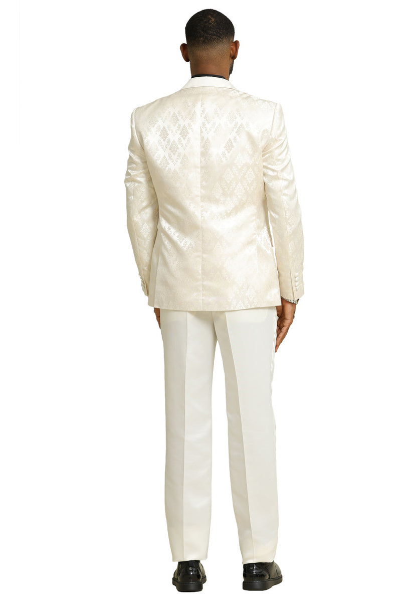 Men's Stacy Adams Shiny Brocade Wedding & Prom Tuxedo with Double Breasted Vest in Ivory