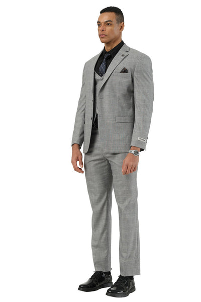 Men's Stacy Adams Two Button Vested Summer Suit in Light Grey Glen Plaid