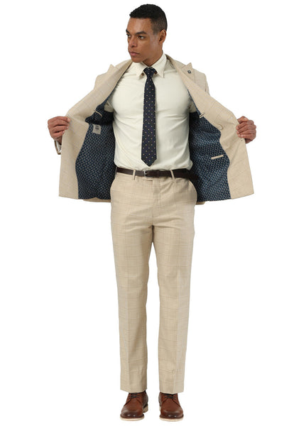 Men's Stacy Adams Double Breasted Summer Suit in Beige Windowpane Plaid