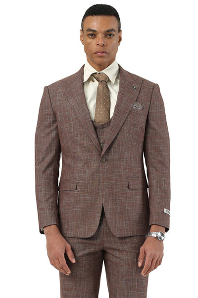 Men's Stacy Adams One Button Peak Lapel Vested Suit in Brown Sharkskin Windowpane