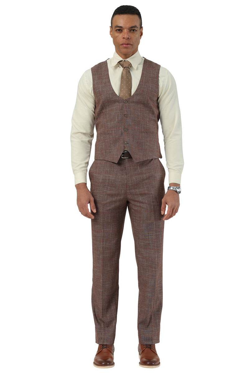 Men's Stacy Adams One Button Peak Lapel Vested Suit in Brown Sharkskin Windowpane
