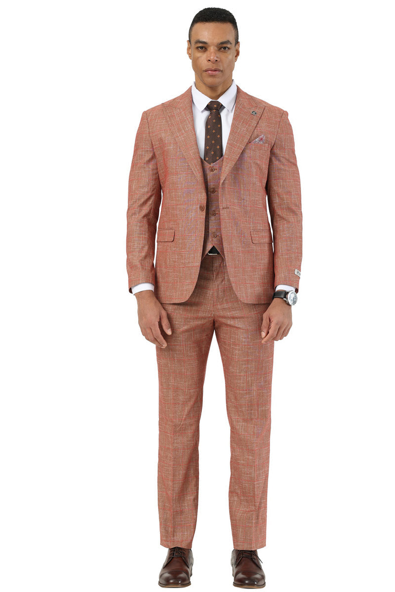 Men's Stacy Adams One Button Peak Lapel Vested Suit in Taupe Sharkskin Windowpane