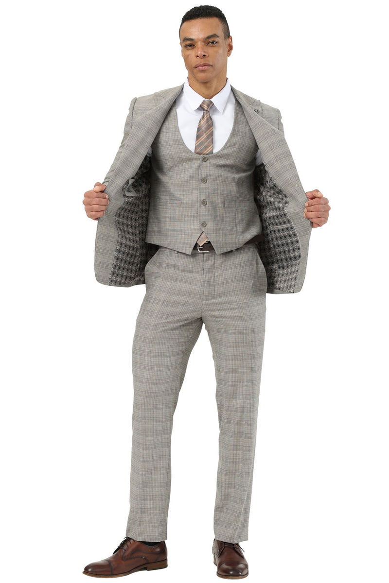 Men's Stacy Adams Two Button Peak Lapel Suit with Scoop Vest in Kahki Glen Plaid