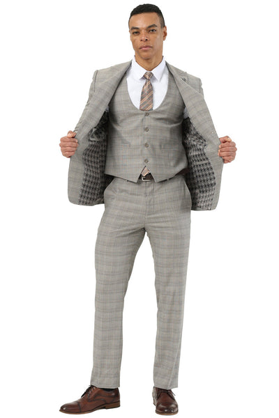 Men's Stacy Adams Two Button Peak Lapel Suit with Scoop Vest in Kahki Glen Plaid